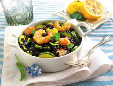“Conti” black brown rice with shrimp and courgettes